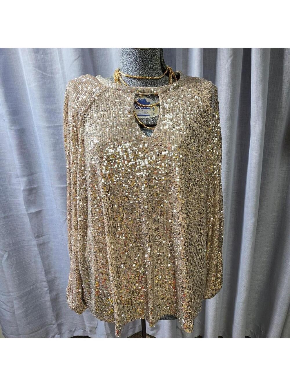 Cable & Gauge Gold Sequin Blouse with Cutout Neckline